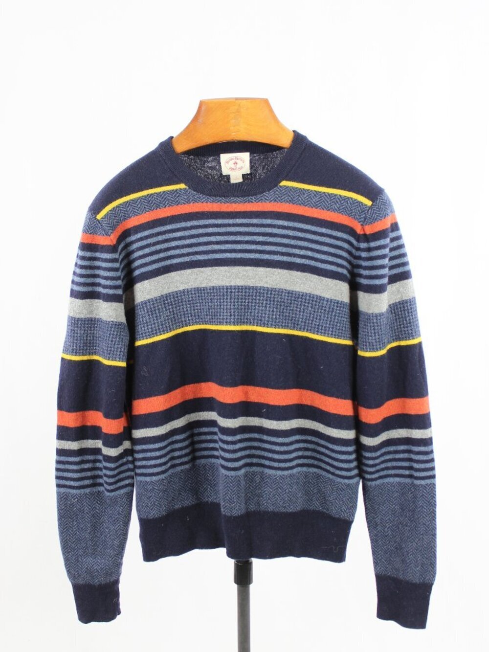 BROOKS BROTHERS RED FLEECE Navy Striped Wool Knit Crew Neck Sweater, Size L